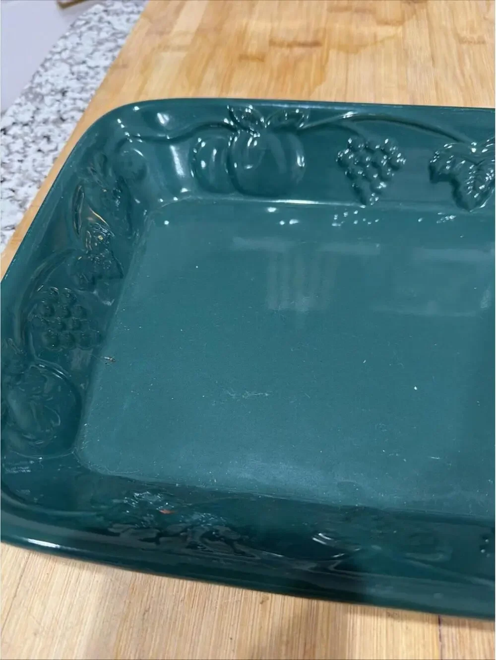 Vintage Embossed Dark Green Casserole Baking Dish 14 X 9” Grapes Fruit Motif *